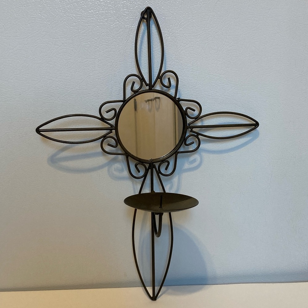 VTG Cross Mirror Pillar Candle Holder Dark Brown Metal Collapsible Wall Sconce